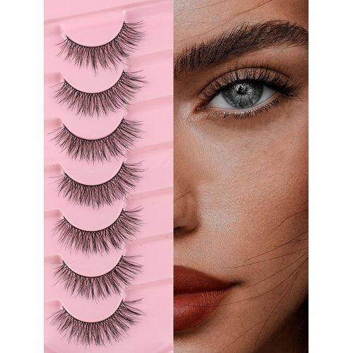 Natural Lashes False Eyelashes 15mm Wispy Eyelashes with Thin Band 3D Volume False Lashes Soft Strip Lashes Pack C Curl Natural Eyelashes Fake Lashes 7 Pair EVENTILL
