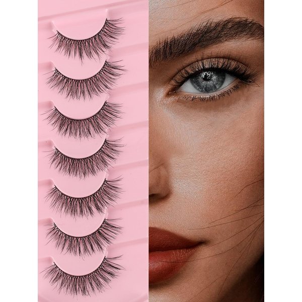 Natural Lashes False Eyelashes 15mm Wispy Eyelashes with Thin Band 3D Volume False Lashes Soft Strip Lashes Pack C Curl Natural Eyelashes Fake Lashes 7 Pair EVENTILL