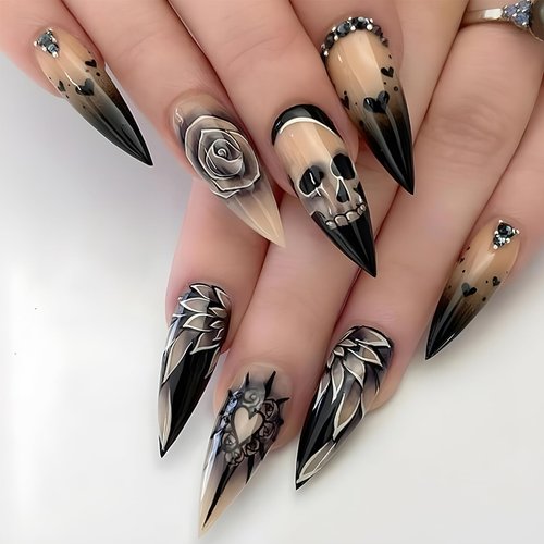 Skull Press on Nails Halloween Fake Nails Almond Stiletto French Gradient Coffin False Nails Retro Black Rose Heart Long Glue on Nails with Rhinestone Full Cover Acrylic Nails for Women Girls 24pcs