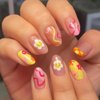 MERVF Round Press on Nails Medium Fake Nails French Tip Yellow Pink Oval Glue on Nails with Cute Flower 24pcs Glossy Acrylic Nails Stripe Checkered False Nails Press ons for Women and Girls