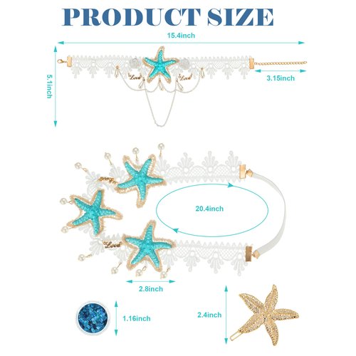 Dingion Halloween Costume Accessories - Mermaid Hair Accessories Set With Starfish Shell Headband, Necklace, Arm Bracelet and Hair Clip