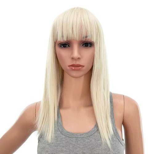 SWACC 14 Inches Short Straight Medium Shoulder Length Wig with Blunt Cut Bangs and Bottom End Synthetic Heat Resistant Hair Wigs for Women with Wig Cap (Platinum Blonde)