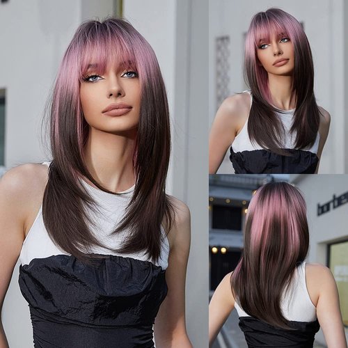 VKheroKV WL-09 Women's Long Length Wigs Layered Wig With Bangs Long Straight Hair Shoulder Length Wig Natural Synthetic Hair Heat Resistant Wigs (Black And Pink)