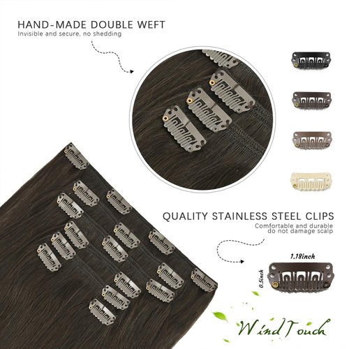 WindTouch Clip In Hair Extensions Human Hair Dark Brown Hair Extensions Remy Hair Extensions 18Inch 70g #2 7PCS