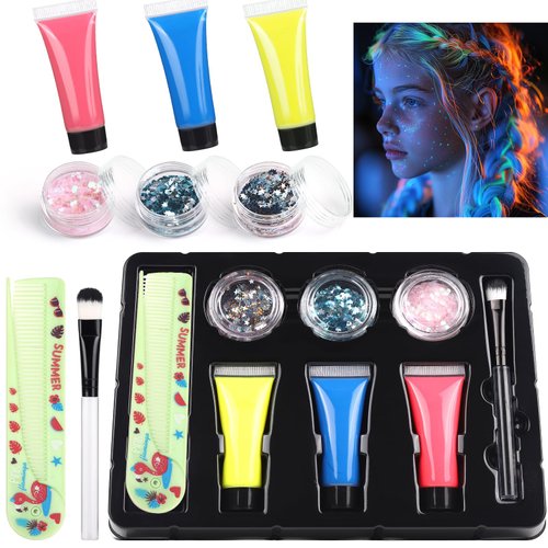 SPRINGSUGAR Body Glitter + Glow UV Hair Color Glue Kit, Hair Glitter for Kids Includes 3 Chunky Glitters, 3 Hair Color, Brush, Comb, Face Glitter for Party Singer Concerts Festival Rave Accessories