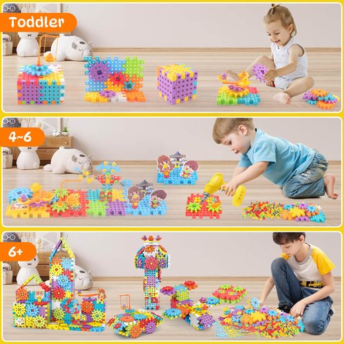 Pycoal Gears Building Toys, STEM Educational Toys 234 PCS Gears Building Blocks Kids Tool Set with Electric Drill, Electric Gears Blocks Toys Birthday Gifts for Kids Age 3+