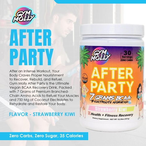 Gym Molly After Party Vegan BCAA Powder, Electrolyte Powder, BCAA Amino Acids After Post Workout Recovery Drink, Zero Carbs, Zero Sugar, 35 Calories Caffeine-Free (Strawberry Kiwi)