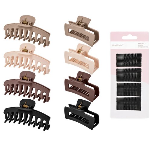 Mia Klein Hair Clips Kit For Women Styling,Includes Hair Claw Clip 8Pcs And 60Pcs 2 Inch Black bobby pins For All Hair Types, Nonslip Matte 4.3"/3.5" Claw Clips For Thick & Thin Hair (Neutral)