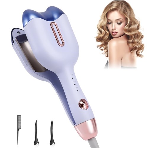Curling Iron Hair Crimper, 32mm (1.25'') Ceramic Tourmaline 2 Barrels Hair Curling Wand with Three Temperature Control, Hair Waving Styling Tools Purple