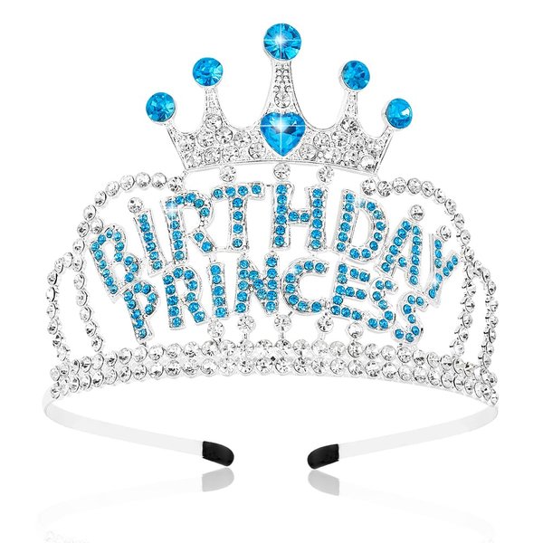 AHONEY Birthday Princess Crown Tiara for Girls Women, Birthday Girl Headband, Happy Princess Birthday Party Decorations Gifts (Blue)
