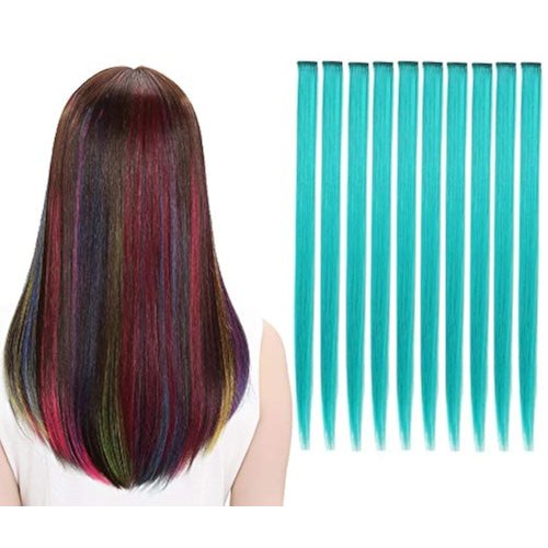 LiaSun 10Pcs/set Multi-Colors Straight Highlight Clip in Hair Extensions 20 Inch Colored Party Hair Pieces (Teal)