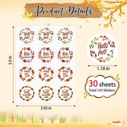 Lucleag Hello Fall Stickers for Kids, Fall Leaves Wreath Stickers Happy Autumn Fall Stickers for Candy Envelope Seals Gift Card Stickers Fall Thanksgiving Party Favors Decor 360PCS