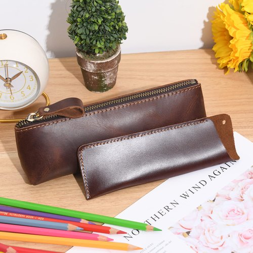 WONDERPOOL Leather 1pc Pencil Case & 1pc Fountain Pen Holder - Portable Compact Drawing Marker Pen Stationery Pouches for Office Travel Home Organizer (Coffee)