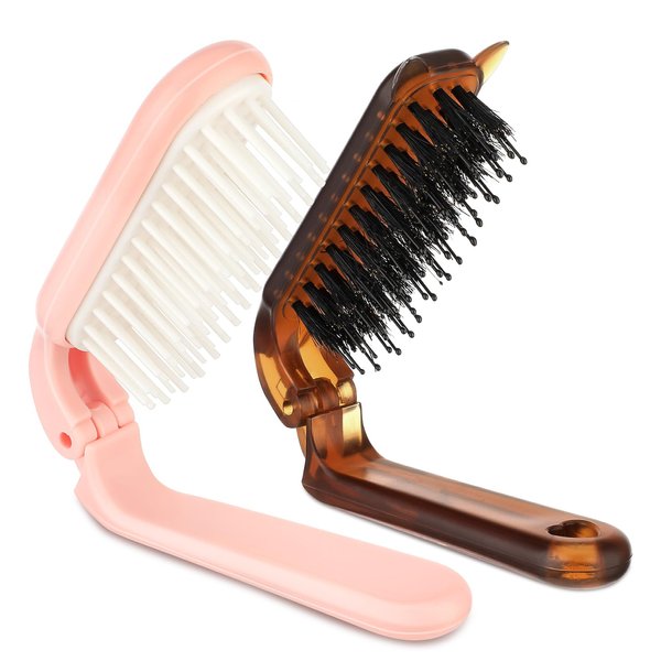 2Pcs Folding Travel Hair Brush, Mini Comb, Travel Brush Portable Mini Hairbrush Pocket Size Comb, Boar Bristle Hair Brush for Women Kids, Thick, Thin, Curly, Straight, Wet, and Dry Hair
