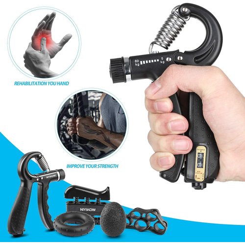 NIYIKOW Grip Strength Trainer Kit (5 Pack), Counting Grip Strength, Adjustable Hand Grip Strengthener, Finger Trainer, Finger Stretcher, Grip Ring & Stress Relief Grip Ball with Carry Bag - Black