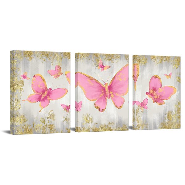 RyounoArt 3 Piece Butterfly Pictures Wall Decor Pink and Gold Canvas Wall Art Prints for Girls Glam Fashion Artwork for Bedroom Bathroom Framed 12"x16" Each