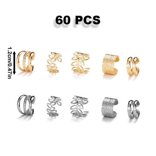 60PCS Metal hair jewelry for Braids, Gold Hair Accessories for Women, Silver Hair Beads for Braids, Non-Piercing Ear Cuffs Clip, Dreadlock Accessories Hair Decorations for Women Men