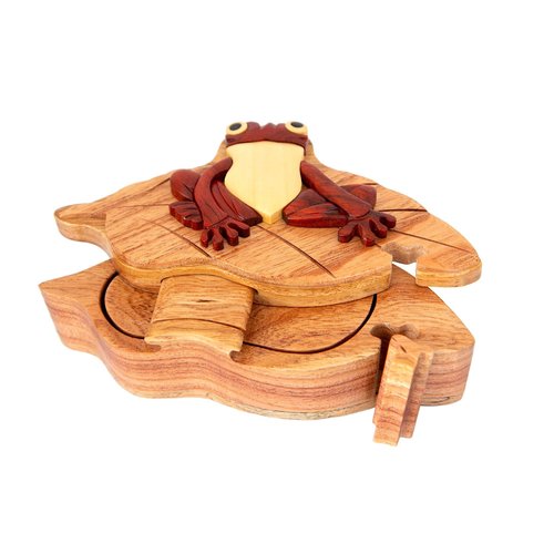 Frog on Lily pad - All Natural Wood Intarsia Puzzle Box - Handcrafted with Secret Compartment