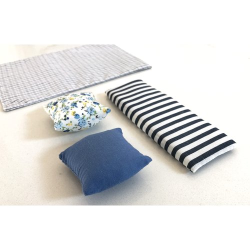 Dollhouse Bedding, 4 Piece Set with Comforter & Pillows, Blanket, Realistic Bedroom Accessories for 6 inch Dolls, 1/12 Scale, Blue White