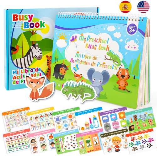 Ayyomo Spanish & English Busy Books for Toddlers - Bilingual Preschool Activity Book for 3 4 5 Year Old - Interactive Educational Learning Activities for Girls Boys Birthday Gifts