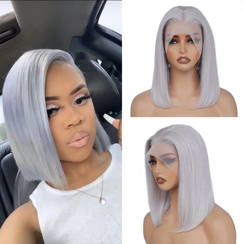 Savasana Grey Human Hair Bob Wig 13x4 Lace Front Glueless Wigs 180% Density 10 Inches Straight Bob Wigs