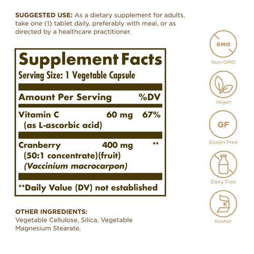 Solgar Naturally Sourced Cranberry with Vitamin C - 60 Vegetable Capsules - Supports Urinary & Bladder Health - Non-GMO, Vegan, Gluten Free - 60 Servings