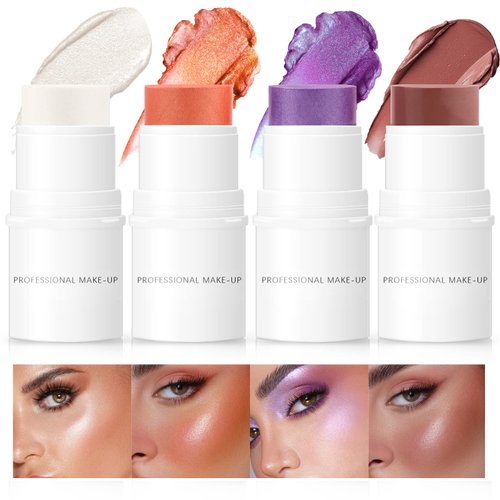 HOSAILY 4 Colors Cream Blush Highlighter Contour Blush Stick Creamy Cosmetics Stick Set, 4 in 1 Waterproof and Long Lasting Bronze Stick Moisturizer Makeup Sticks
