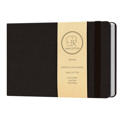 Vienrose Watercolor Sketchbook, 5.5"x8.2" Watercolor Journal with 24 Sheets 140 LB (300 GSM) Cotton Watercolor Paper, Black Linen Cover Watercolcr Sketch Book As Travel Notebook Mixed Media Pad