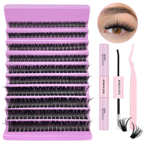 KMILRO Fluffy Lash Extension Kit 80D DIY Individual Lashes Clusters Kit with 8-16MM Cluster Eyelashes Lash Bond & Seal and Applicator Tools for Lash Extension Beginners