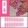 IMSOHOT Square Press on Nails Extra Long French Tips Fake Nails with Glitter Pink Wave Designs Glossy Squoval Full Cover Gel Glue on Nails for Women 24pcs