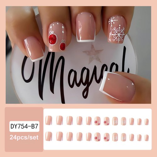 LPOODDNU Christmas Press on Nails Short Fake Nails, White French Tip Christmas Nails with Snowflake Designs Cute Nude Artificial Nails Winter Square Shape False Nails with Glue Tabs for Women, 24Pcs