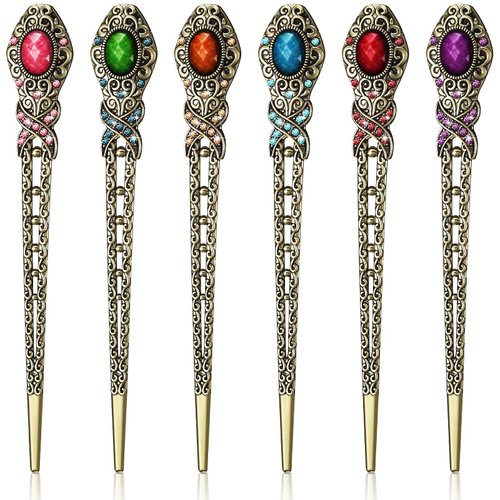 Yilloog 6 Pieces Vintage Rhinestone Hair Sticks Hair Chinese Chopsticks Retro Chignon Pins Stylish Bun Hair Sticks Traditional Hair Accessories for Women Hair Styling Decorations, 6 Colors