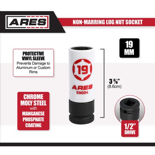ARES 59004-19mm 1/2-Inch Drive Non-Marring Impact Lug Nut Socket - Protective Sleeve Prevents Damage to Custom Rims & Lug Nuts - Color Coded & Laser Etched for Easy Identification