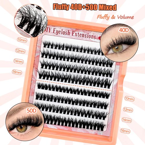 Self Adhesive Lash Clusters Kit 160 Pcs Flu-ffy 10-16mm DIY Eyelash Extensions Kit, No Glue Lashes Press On Lashes, Pre Bonded Lash Clusters with Eyelash Brushes and Lash Tweezers(No Glue 40D+50D)