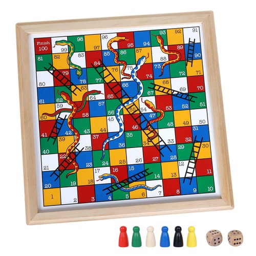 Gothink Wooden Snakes and Ladders Game - Educational Board Game for Kids and Adults - Includes Counters & Dice
