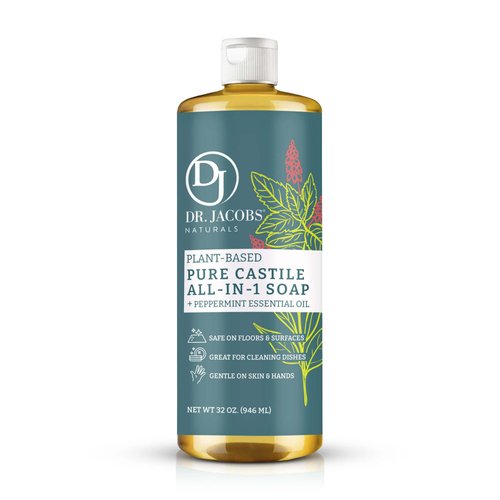 Dr. Jacobs Naturals Peppermint Castile Soap All-Purpose Cleaner, Effective Plant-Based Formula for House Cleaning. Eco-friendly for Home Essentials and the Planet (32 Fl Oz, 1 Pack)