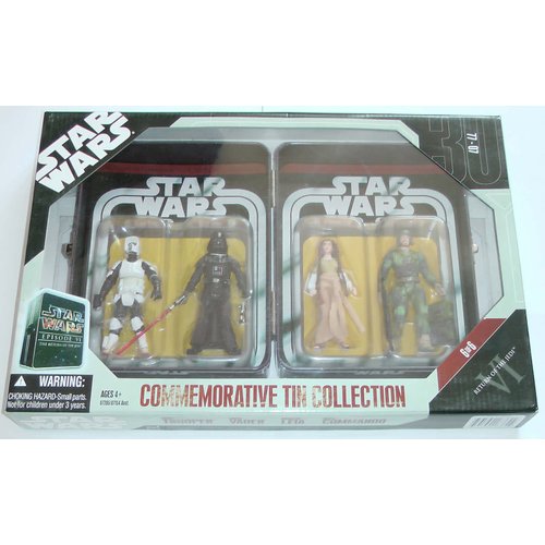 Star Wars Episode VI 6 Collectible Tin Action Figure Set RETURN OF THE JEDI with 4 Action Figures: Biker Scout Trooper, Darth Vader, Princess Leia Ewok, Rebel Commando