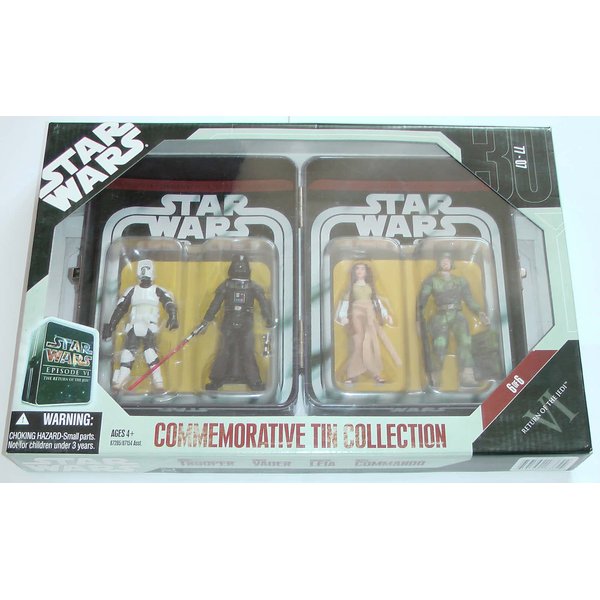 Star Wars Episode VI 6 Collectible Tin Action Figure Set RETURN OF THE JEDI with 4 Action Figures: Biker Scout Trooper, Darth Vader, Princess Leia Ewok, Rebel Commando