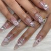 Silver Press on Nails Stiletto Long Fake Nails Full Cover False Nails with Chrome French Tip Design Glue on Nails Metallic Swirls Reusable Artificial Nails Stick on Nails for Women Manicure 24Pcs