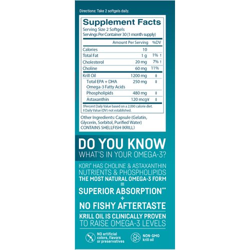 Kori Krill Oil Omega-3 600mg, 180 Softgels | Multi-Benefit Omega-3 Supplement | Superior Omega-3 Absorption vs Fish Oil and No Fishy Burps (Pack of 3)