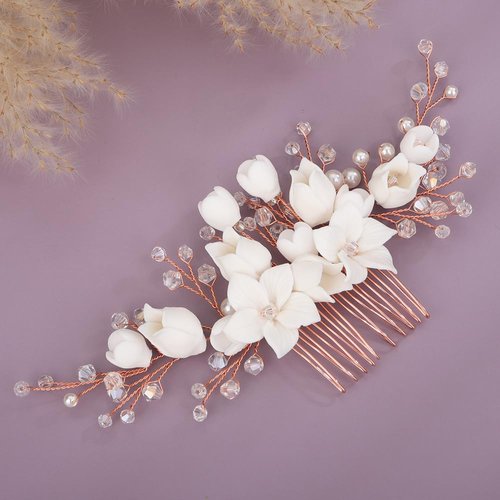 Teyglen Flower Bride Wedding Hair Comb Rose Gold Pearl Rhinestone Headpiece Flower Hair Accessories for Bride Bridal Crystal Side Comb Hair Piece for Women Girls (Rose Gold)