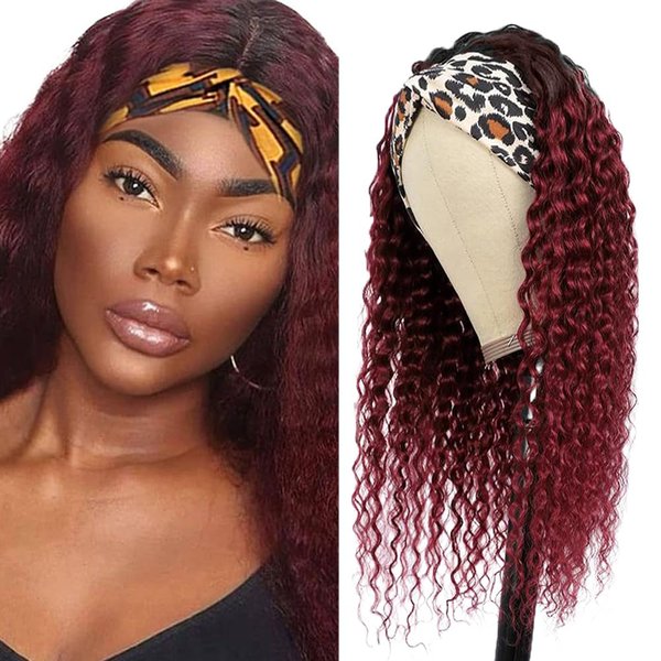 YiweYowe 16 Inch 1B99J Burgundy Headband Wigs Human Hair Water Wave Ombre Wigs 150% Density Grade 8A Unprocessed Virgin Hair Wigs Glueless None Lace Wig Red Color 1B99J Ombre Red Headband Wigs
