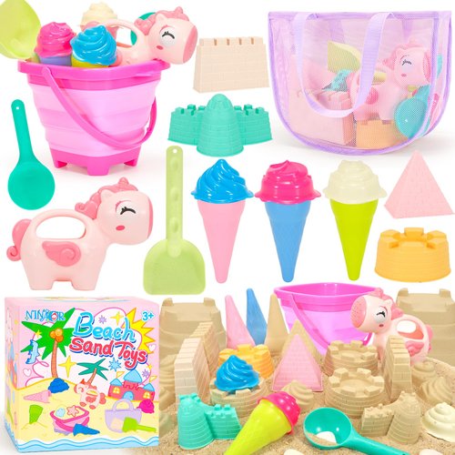 NINAOR Beach Toys for Kids Travel Essentials, Sand Toys with Mesh Beach Bag Collapsible Bucket Ice Cream Castle Molds Beach Shovel Watering Can for Girls Sandbox Backyard Games Toddler Outdoor Toys