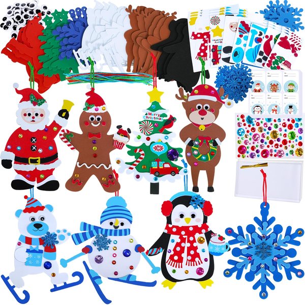 Winlyn 24 Sets Christmas Craft Kits Winter Crafts DIY Christmas Ornaments Decorations Art Sets Foam Santa Reindeer Snowman Christmas Stickers for Kids Holiday Season Classroom Activities Party Favors
