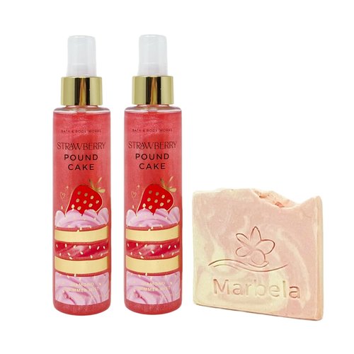 Bath & Body Works Strawberry Pound Cake 2 Pack Diamond Shimmer Mist Bundle with a Himalayan Salts Springs Sample Soap