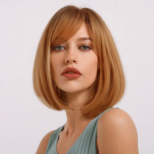 Creamily 12 inch Short Strawberry Blonde Wigs with Bangs Medium Length Blonde Straight Wigs Synthetic Hair Wig Heat Resistant Hair Replacement Wig Daily Wear for Women Cosplay Costume Wigs