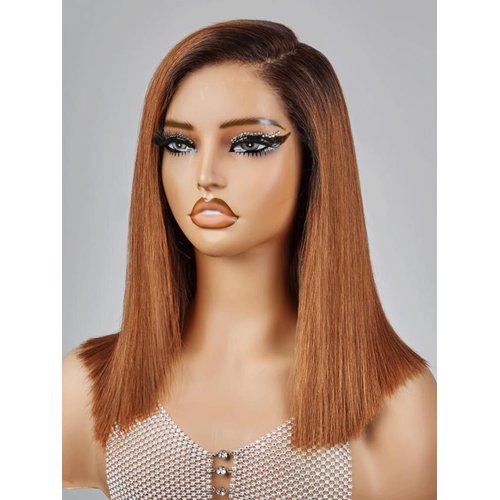 SHINEWIGHAIR 12" Ombre Ginger Highlight Bob Wig Human Hair 9x6 Pre Cut Glueless HD Lace Closure Wig Pre Plucked,180% Density 4/350 Ginger Orange Colored Short Straight Bob Wigs For Women