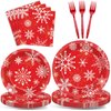 100 PCS Merry Christmas Tableware Set Christmas Theme Party Supplies Serves 25 guests Snowflakes Paper Plates Xmas napkins Bulk Christmas Dinnerware Set for Xmas Party Decorations Disposable Tableware