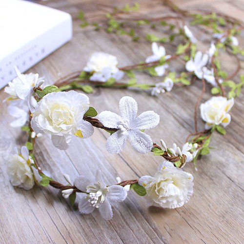 Floral Fall Adjustable Bridal Flower Garland Headband Flower Crown Hair Wreath Halo F-83 (Style 2 White)