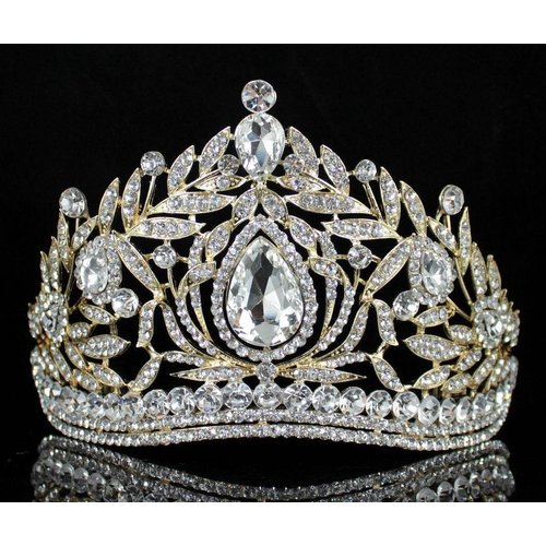 Janefashions Fantastic Clear White Austrian Crystal Rhinestone Tiara Crown Hair Combs Veil Headband Gold Silver Princess Queen Theater Headpiece Party Event Prom Pageant T1855 (Gold With Combs)